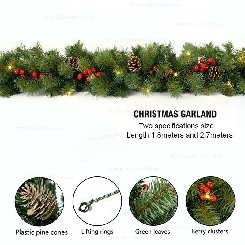 2.7M Christmas Garlands, Christmas Garland with Pinecones Red Berries, Fireplaces Stairs Front Door Xmas Party New Year Decor